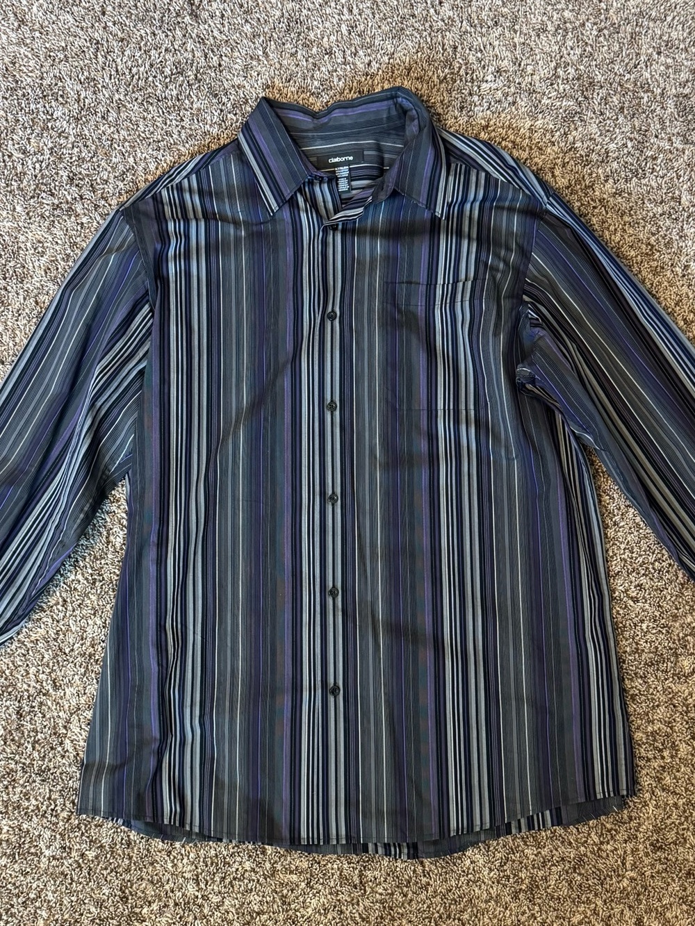Claiborne Men’s Black and Purple Vertical Stripe Dress Shirt